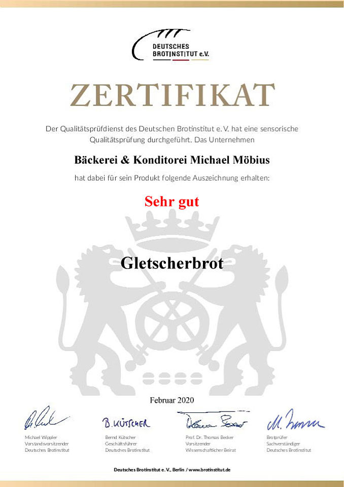Zertifikat der Qualitätsprüfung Gletscherbrot