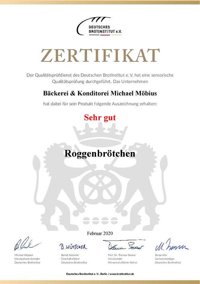Zertifikat der Qualitätsprüfung Roggenbrötchen