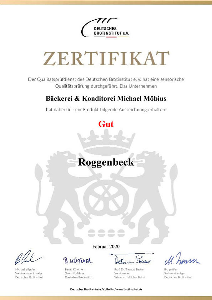 Zertifikat der Qualitätsprüfung Roggenbeck
