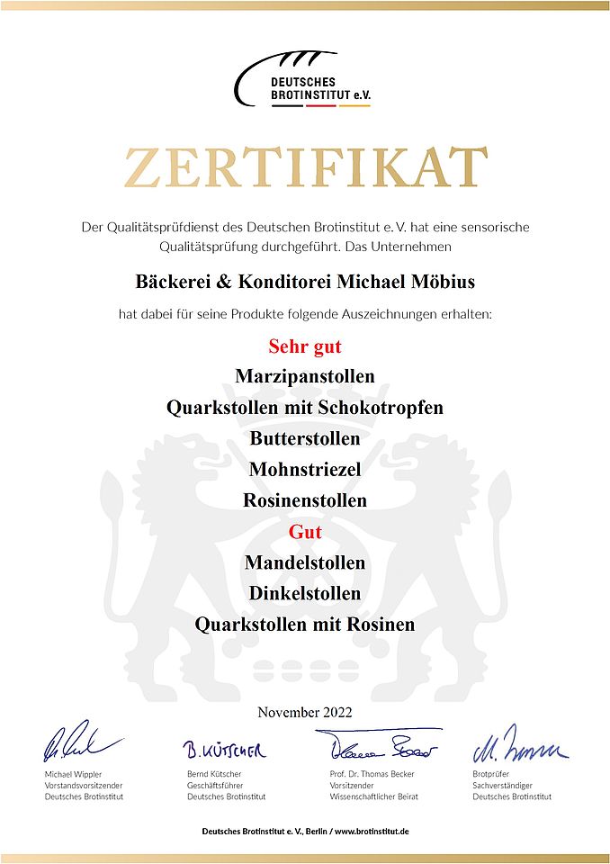 Zertifikat der Qualitätsprüfung unserer Stollen 2022